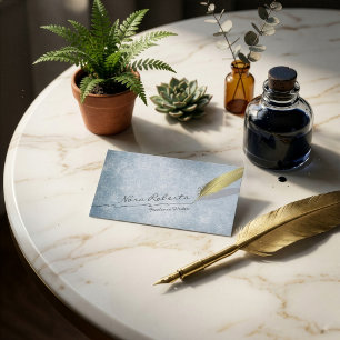 Gold Quill Feather Pen Handgezeichnete Line Blue G Visitenkarte