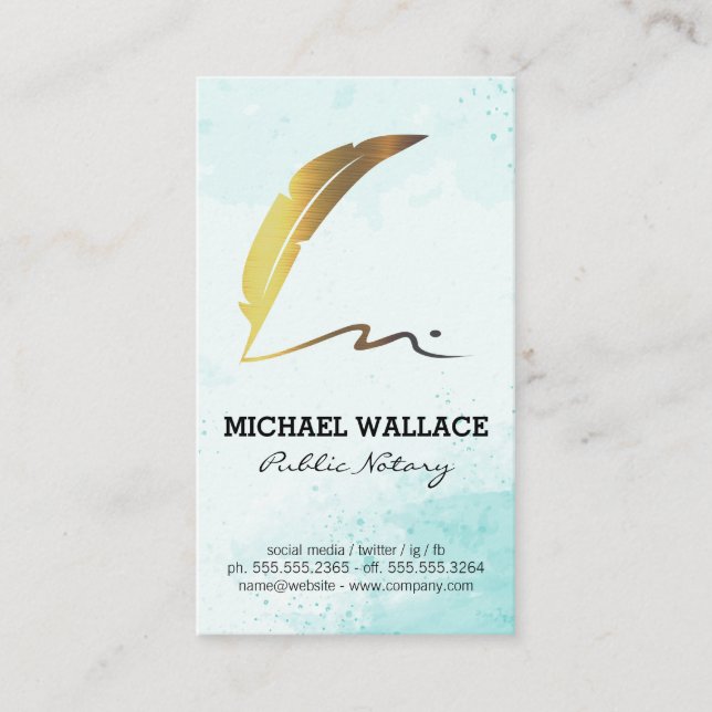 Gold Quill Feather Pen Scribble Logo | Aquarell Visitenkarte (Vorderseite)