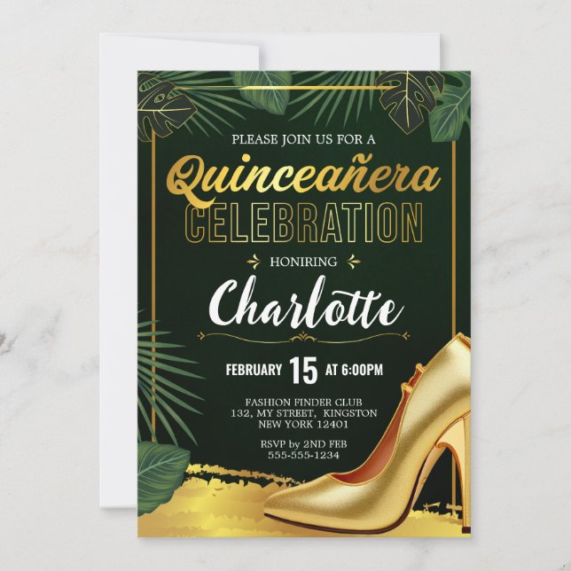 Gold Quinceanera Celebration Emerald Green Einladung (Vorderseite)