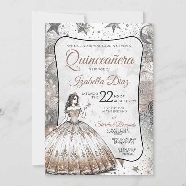 Gold Quinceañera Einladung (Vorderseite)