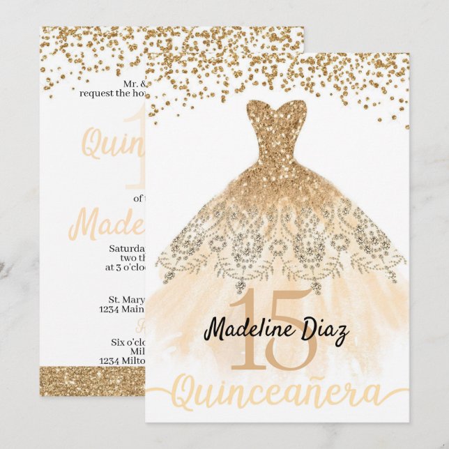 Gold Quinceanera Geburtstag Einladung Cumpleanos (Vorne/Hinten)