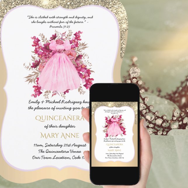 Gold Quinceañera Rose Floral Elegance Invitation (Créateur téléchargé)