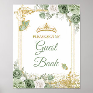 Gold Quinceañera Sage Green Crown Gästebuch