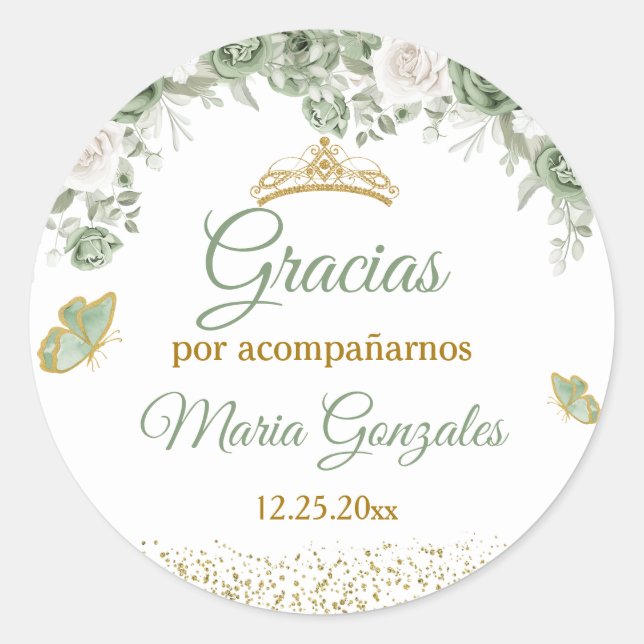 Gold Quinceañera Sage Green Crown Gracias Runder Aufkleber (Vorderseite)