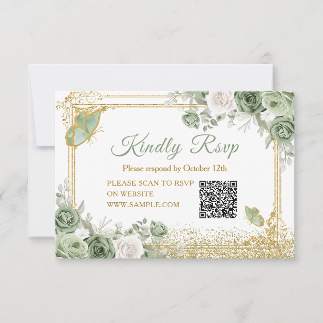 Gold Quinceañera Sage Green Crown QR Carte Rsvp (Devant)