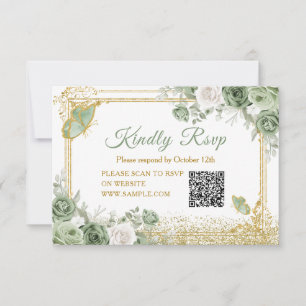 Gold Quinceañera Sage Green Crown QR Rsvp Card Dankeskarte