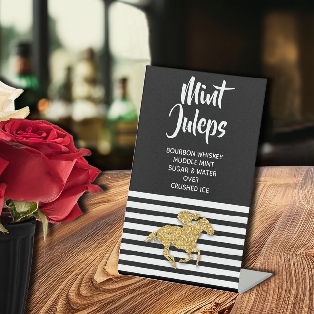 Gold Racehorse Mint Julep Brautparty Sockelschild (Gold racehorse Derby-theme bridal shower MINT JULEPS tabletop pedestal sign)