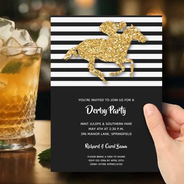 Gold Racehorse und Jockey Derby Einladung (Faux gold glitter racehorse on black and white stripes Derby party invitations)