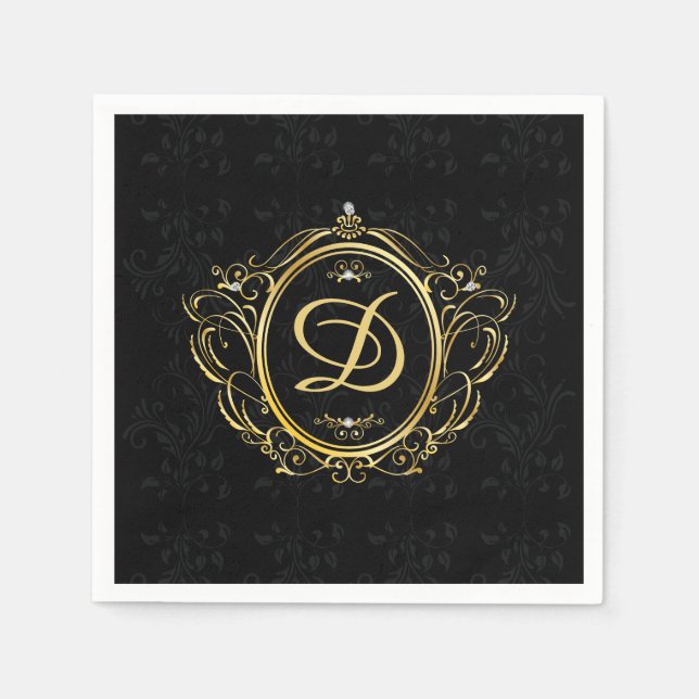 Gold Rahmen Monogram Black Damask Back Serviette (Vorderseite)