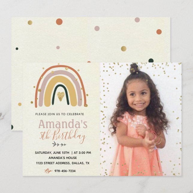 Gold Rainbow Boho Invitation Anniversaire Avec Pho (Devant / Derrière)