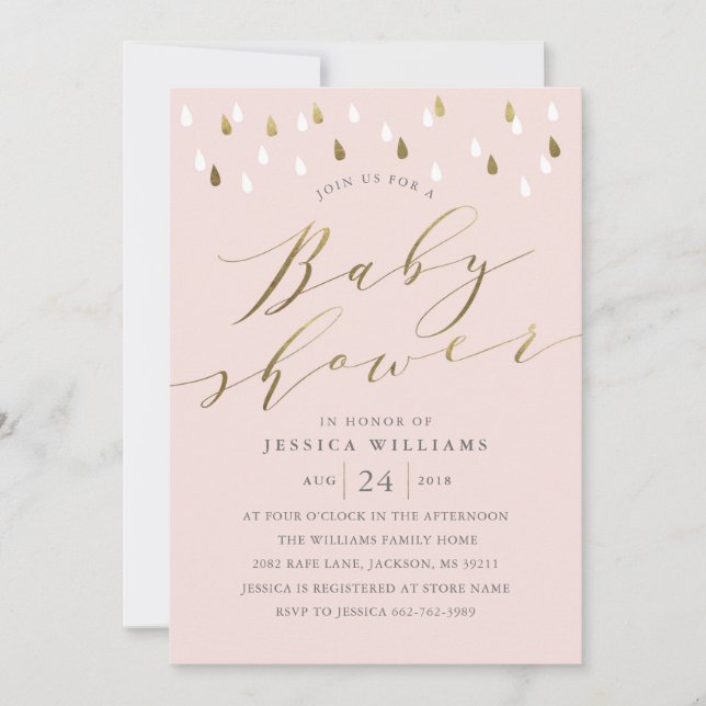 Gold raindrops snd script baby shower invitation r (Devant)