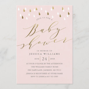 Gold raindrops snd script baby shower invitation r