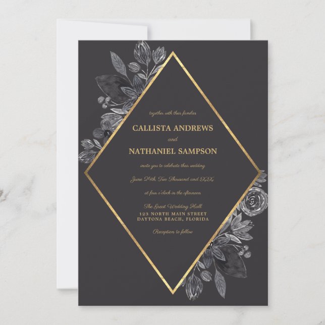 Gold Raven Black Floral Diamond Rahmen Hochzeit Einladung (Vorderseite)