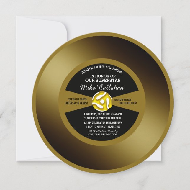 Gold Record Vinyl 45 Retraite Party Invitation (Devant)