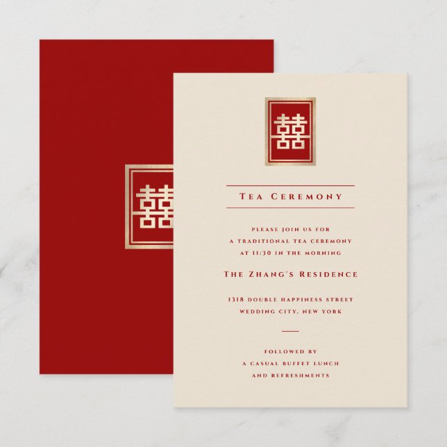 Gold Rectangle Double Happiness Chinese Wedding Einladung (Vorne/Hinten)