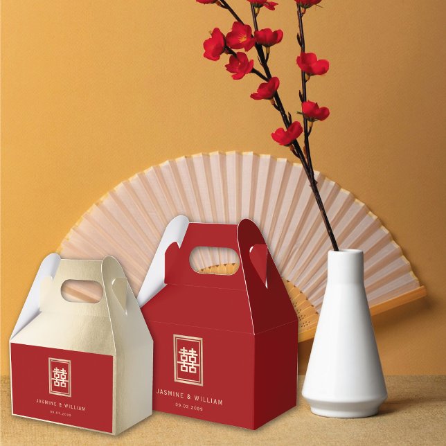 Gold Rectangle Double Happiness Chinese Wedding Geschenkschachtel (Gold/Red Classic Rectangle Double Happiness Chinese Wedding Party Favor Boxes @ fatfatin_red_knot)