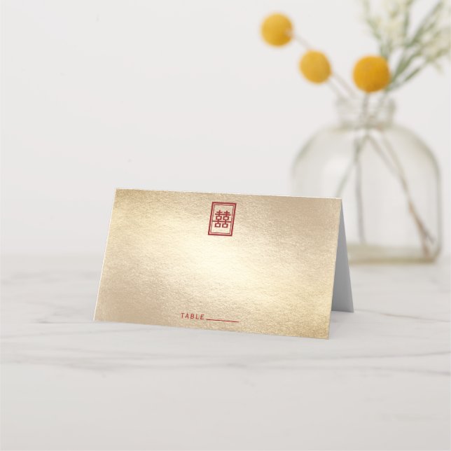 Gold Rectangle Double Happiness Chinese Wedding Platzkarte (Vorderseite)