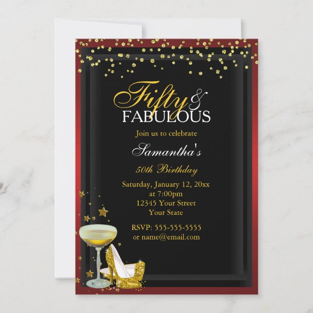 Gold & Red 50 & Fabuleuse Invitation d'anniversair (Devant)