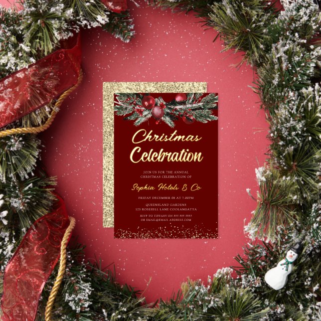 Gold & Red Annual Christmas Party Celebration Gold Folieneinladung (Insitu)