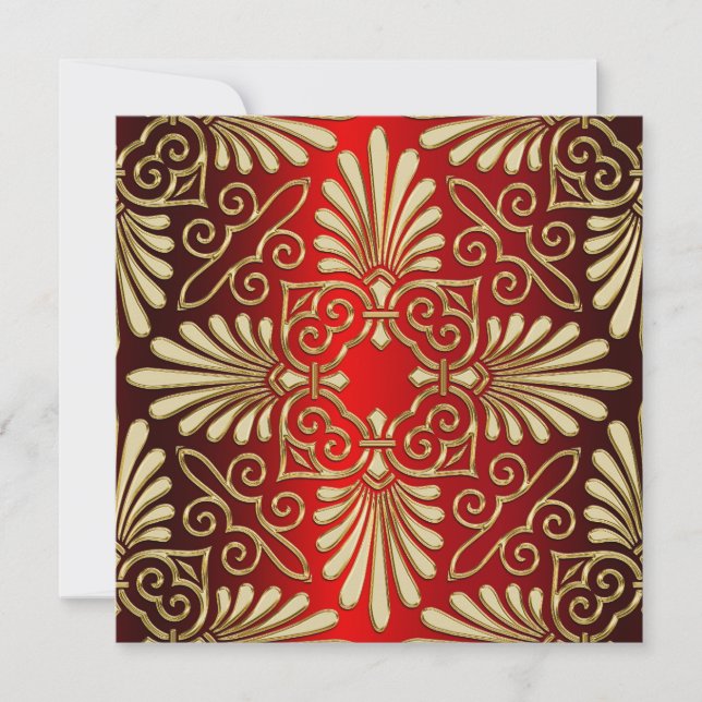 Gold Red Art Deco Damask Wedite Einladung (Vorderseite)