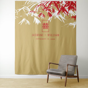 Gold & Red Bamboo Blätter Chinesischer Hochzeitsta Wandteppich