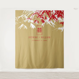 Gold & Red Bamboo Blätter Chinesischer Hochzeitsta Wandteppich