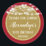 Gold Red Birthday Thanks For Coming Favor Tag Runder Aufkleber<br><div class="desc">Elegant red and gold "Thanks for Coming!" Birthday favor tags with glowing hanging lights,  gold glitter frame and solid background,  personalized for the birthday star.</div>