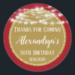 Gold Red Birthday Thanks For Coming Favor Tag Runder Aufkleber<br><div class="desc">Elegant red and gold "Thanks for Coming!" Birthday favor tags with glowing hanging lights,  gold glitter frame and solid background,  personalized for the birthday star.</div>