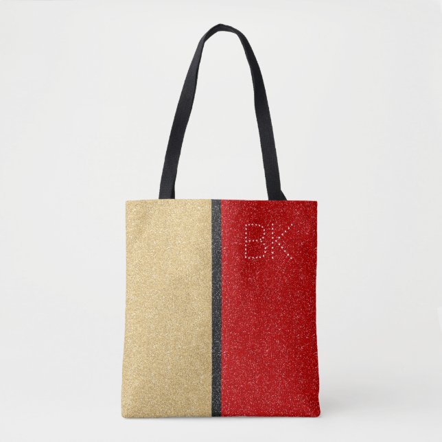 Gold Red Black Glitzer Chic Monogram Personalisier Tasche (Vorderseite)