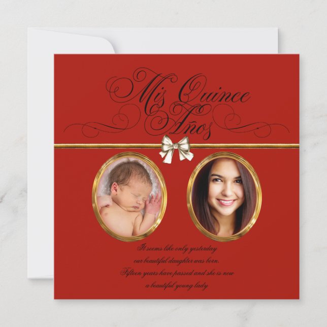 Gold Red Black Photo Quinceanera Invitations (Devant)