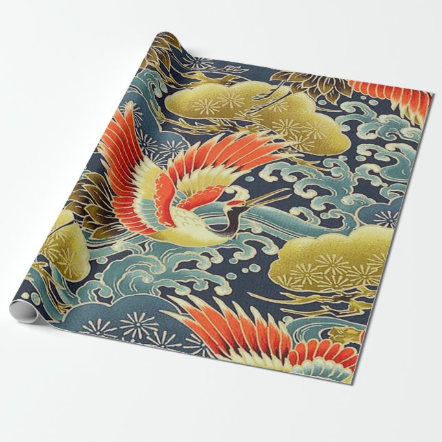 Gold Red Blue Japanisch Kimono Floral Decoupage Geschenkpapier (Ungerollt)
