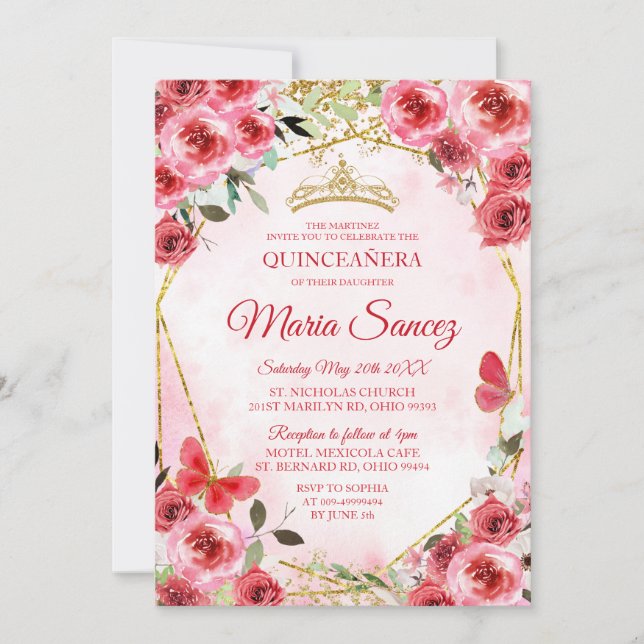 Gold Red Blume Mexican Girl Charra Mis Quince Einladung (Vorderseite)