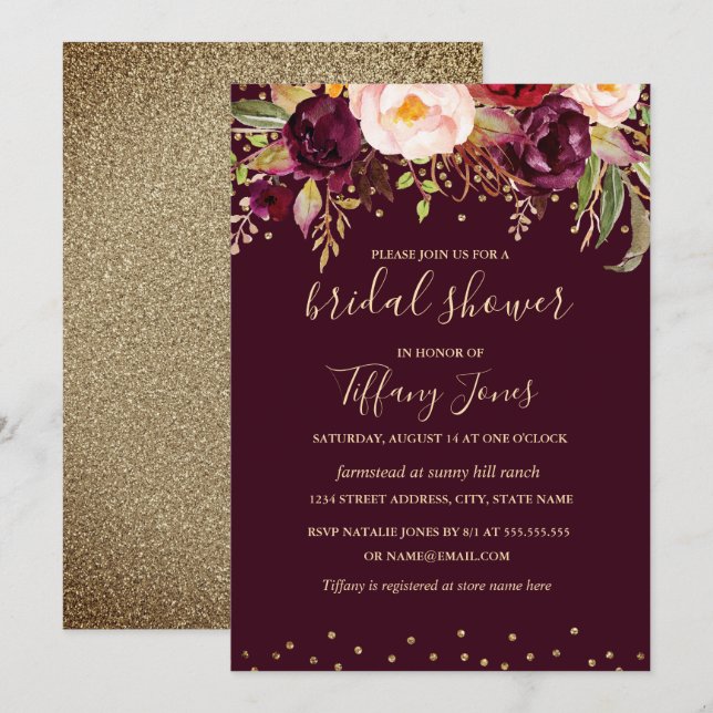 Gold Red Burgundy Confetti Brautparty Einladung (Vorne/Hinten)