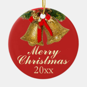 Gold Red Christmas Bells 2017 Ornament