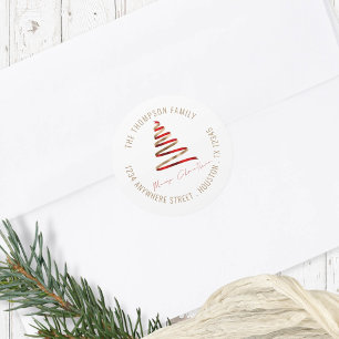 Gold Red Christmas Tree Rückgabeadresse Runder Aufkleber