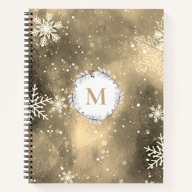 Gold Red Christmas Wreath Monogram Sketchbook Notizbuch (Vorderseite)