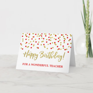 Gold Red Confetti Enseignant Carte d'anniversaire