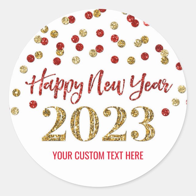 Gold Red Confetti Frohes Neues Jahr 2023 Runder Aufkleber (Vorderseite)