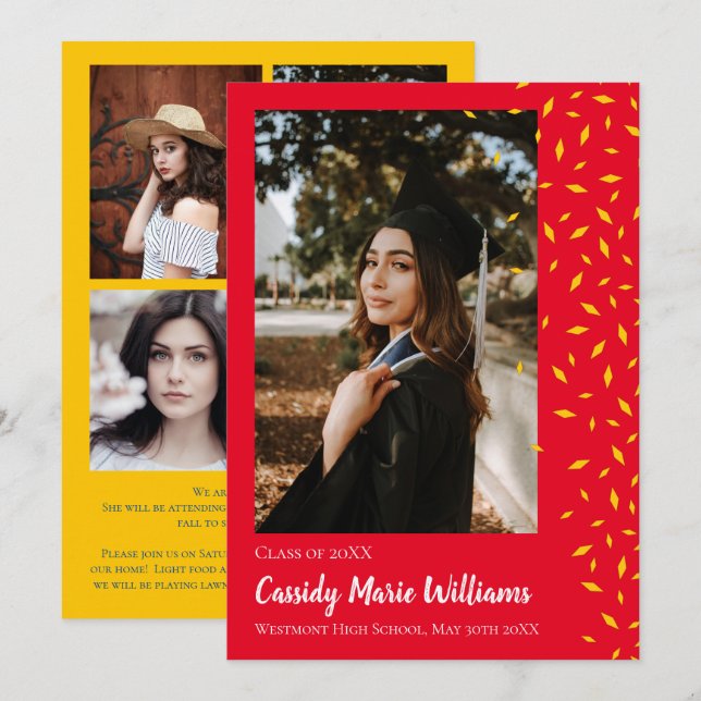 Gold Red Confetti Graduation Anuncement Einladung (Vorne/Hinten)