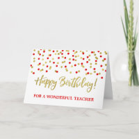 Gold Red Confetti Teacher Geburtstagskarte