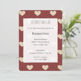 Gold Red Cream Glitter Hearts Birthday Einladung