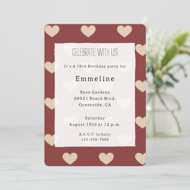 Gold Red Cream Glitter Hearts Birthday Einladung (Stehend Vorderseite)