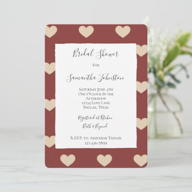 Gold Red Cream Glitter Hearts Bridal Shower Einladung (Stehend Vorderseite)