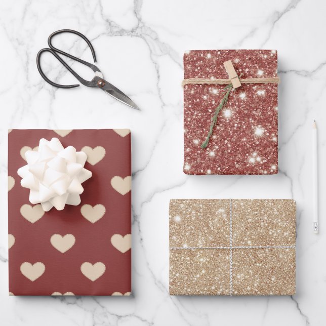 Gold Red Cream Glitter Hearts Valentine's Day Geschenkpapier Set (Vorderseite)