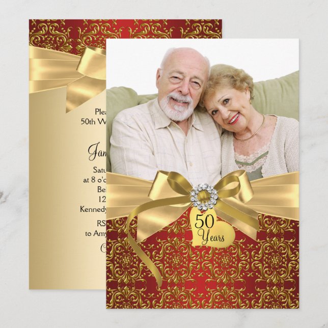 Gold Red Damask & Bow Foto 50 Jahre Einladung (Vorne/Hinten)