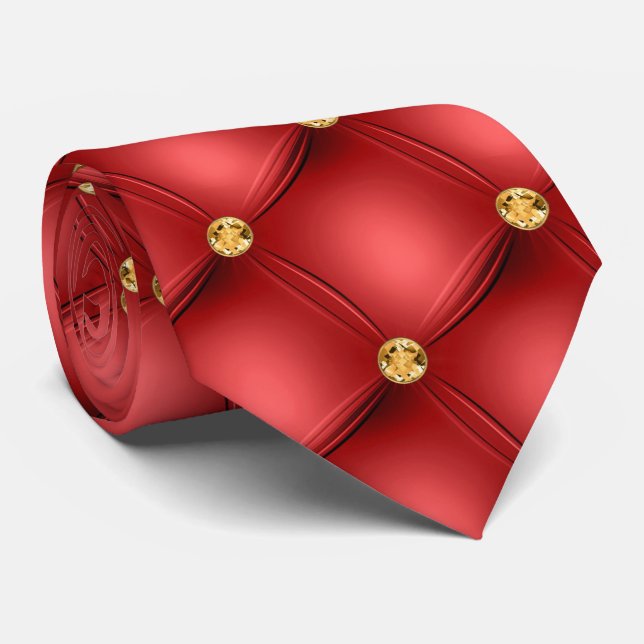 Gold Red Diamonds Tufted Imitate Leather Neck Tie Krawatte (Gerollt)