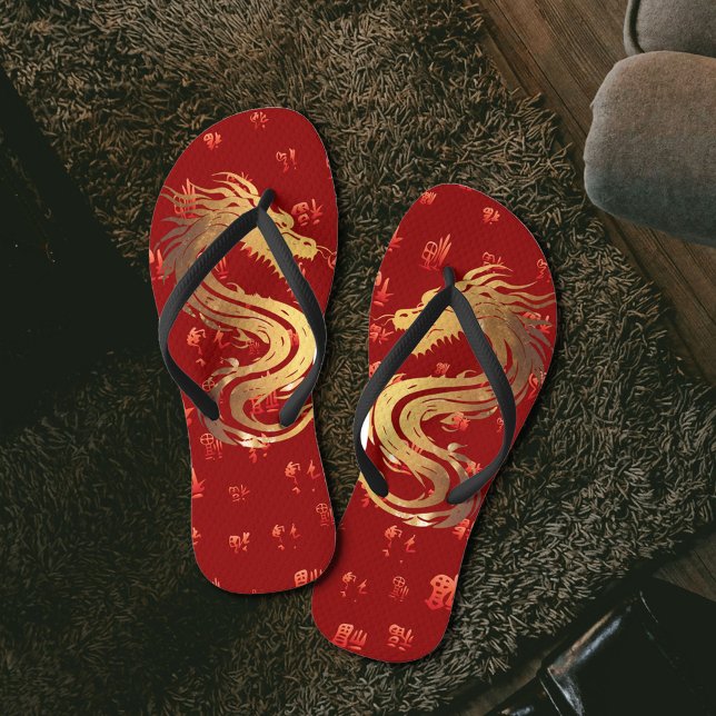 Gold Red Dragon 龍 Chinesisches Neujahrsgeschenk Flip Flops (Von Creator hochgeladen)