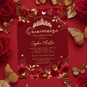 Gold Red Enchanting Floral Butterfly Quinceanera Folieneinladung