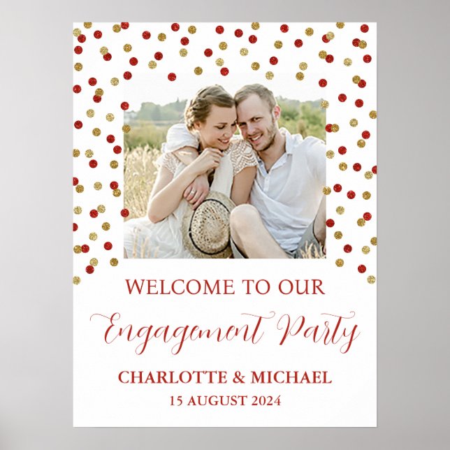 Gold Red Engagement Party Custom 18x24 Foto Poster (Vorne)