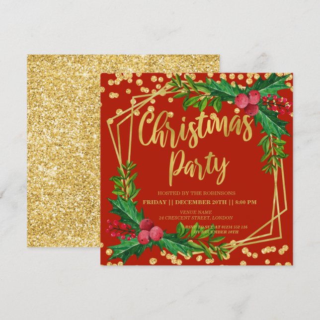 Gold Red Festive Holly Glitzer Weihnachten Einladung (Vorne/Hinten)